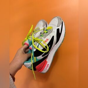 Fila Women’s Multicoloured Sneakers in Pink, White, Yellow, and Teal size 9